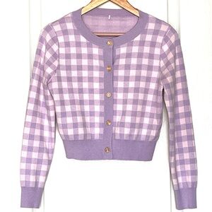 Purple Gingham Knit Cardigan Sz M Preppy Checkered Wardrobe Staple Quiet Luxury
